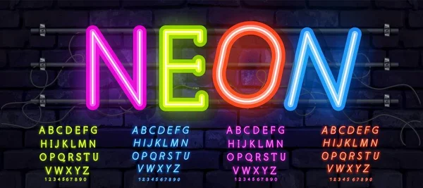 Flerfärgad vektor neonrör alfabet typsnitt. Neon färg bokstäver, siffror och symboler. Lager vektor typsnitt för alla typografi design. — Stock vektor