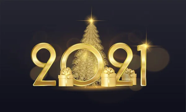 Wesołych Świąt 2021. Świąteczny design przedmiotów świątecznych, pudełko z prezentami, złotą jodłę i błyszczące światła. Karta podarunkowa. Baner poziomy, baner internetowy, nagłówek na swojej stronie. Wektor — Wektor stockowy