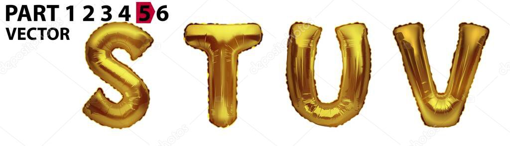 STUV gold letter balloons on white background. Golden alphabet balloon logotype, icon. Metallic STUV Balloons.