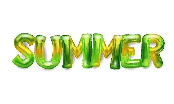 碑文の夏と色風船 緑のボールがお祝いの背景に輝きます ポストカード バナー ウェブサイト デザインを販売する — ストックベクタ