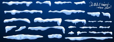 Kar, gölgeli buz örtüsü. Kar yağışı ve kar taneleri. Kış mevsimi. Mavi arka plan. Noel ve yeni yıl zamanı. Icicles, vektörü ayarla