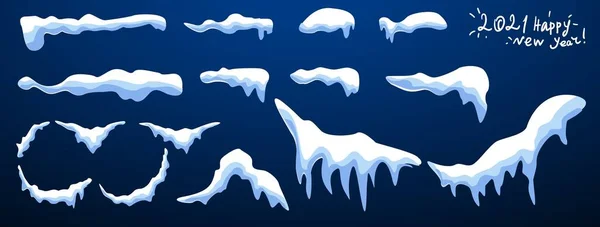 Set de Gorra de nieve aislada. Elementos nevados sobre fondo invernal. Plantilla vectorial en estilo de dibujos animados para su diseño. nevadas y copos de nieve — Vector de stock