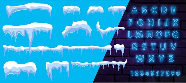 Fond bleu d'hiver. Des calottes glaciales. Avec police néon. Le vecteur contient de la neige sur un fond de vecteur bleu. — Image vectorielle