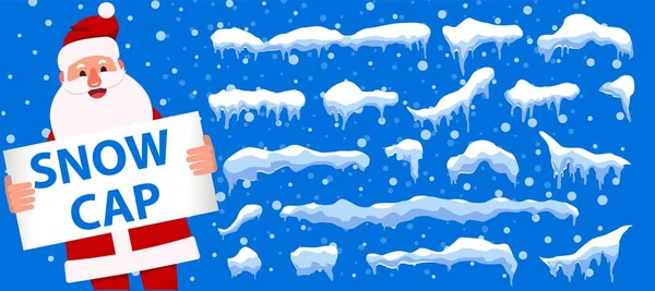Ellerinde bir tabela, kar topları, kar yığınları ve kar yığınları olan mutlu Noel Baba. Kış dekorasyonu. Vektör illüstrasyonu — Stok Vektör