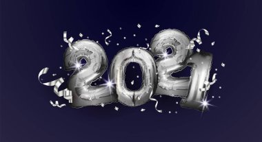 2021 gümüş top. Mutlu yıllar ve mutlu Noeller 2021. Parlak numaraların kutlama vektörü çizimi. Sayılar, koyu arkaplanda konfeti..