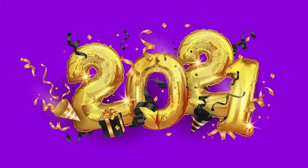 2021 Metalen Gouden Ballen Gelukkig Nieuwjaar Vrolijk Kerstfeest 2021 Feestelijke — Stockvector