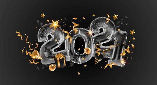 2021 Metalowe Czarne Kulki Szczęśliwego Nowego Roku Wesołych Świąt 2021 — Wektor stockowy
