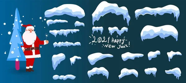 Çizgi film stili komik Noel Baba. Kar şapkaları, kartopları ve kar yığınları. Kış dekorasyonu. Vektör illüstrasyonu — Stok Vektör