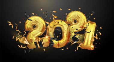 2021 altın top. Mutlu yıllar ve mutlu Noeller 2021. Altın numaraların kutlama vektör illüstrasyonu. Numaralar, konfeti, havai fişekler, siyah arka planda hediyeler. Şenlikli bayrak tasarımı. Vektör