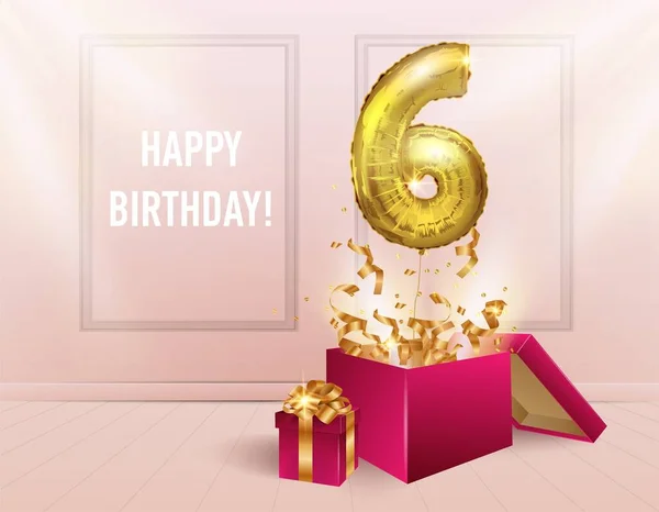 Altın bir balonla 6 yıl. Yıldönümü kutlaması. Köpüklü konfetileri olan balonlar kutudan uçuyor, odanın arka planında 6 numara. Bir kızın doğum günü ya da düğün süsü. — Stok Vektör