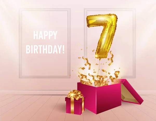 Altın bir balonla 7 yıl. Yıldönümü kutlaması. Köpüklü konfetileri olan balonlar kutudan fırlıyor, odanın arka planında 7 numara. Bir kızın doğum günü ya da düğün süsü. — Stok Vektör