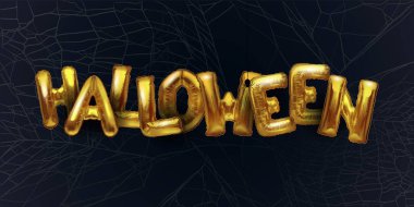 Mutlu Cadılar Bayramı. Gerçekçi 3D altın folyo harfleri ve helyum balonları olan şenlikli bir arka plan. .