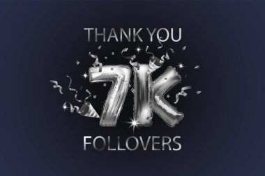 Teşekkürler 7K ya da 7K aboneleri. Sosyal ağlardaki arkadaşlar için gümüş renkli toplar ve konfeti ile vektör illüstrasyonu, karanlık arka plandaki web kullanıcıları.