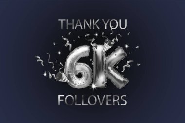 Teşekkürler 6K ya da 6000 abone. Sosyal ağlardaki arkadaşlar için gümüş renkli toplar ve konfeti ile vektör illüstrasyonu, karanlık arka plandaki web kullanıcıları.