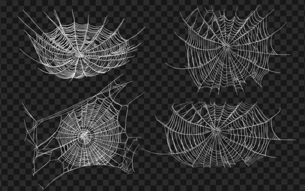 Einfarbige Spinnennetze Und Spinnen Halloween Isoliert Auf Schwarzem Hintergrund Hector — Stockvektor