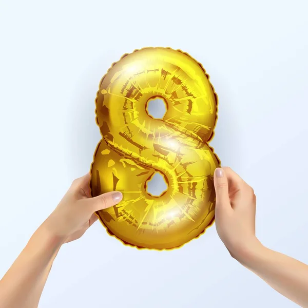 Gold Number Eight Metal Ball Party Decoration Golden Balloons Hands — Stock Vector