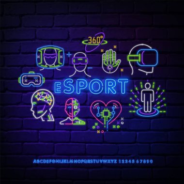 Esports neon ışık simgeleri ayarlandı. Video oyunu turnuvası. Oyuncu ve takım için oyun. Çekim. Bilgisayar cihazları. Yerel ağ ağı. Parlayan işaretler.