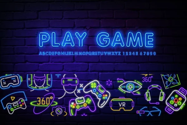 Banner Neón Comunidad Consola Con Estilo Iconos Del Juego Gamepad — Vector de stock
