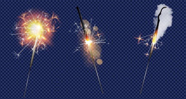 Векторный реалистичный искр на прозрачной фоновой иллюстрации. Рождественские открытки, новогодний праздник Бенгальский свет, светящийся фейерверк, объект дизайна рекламы.