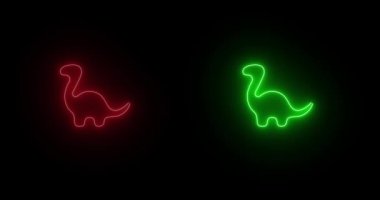Siyah arkaplandaki neon dinozor görüntüsü. Yeşil ve kırmızı dinozorlardan oluşan parlak neon bir siluet. Tasarım şablonu. 4K videosunda UI ögesinin düz animasyonu