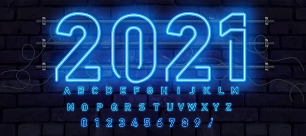 Блакитний неоновий шрифт, повний алфавіт і цифри. Абетка, електрична стійка на задньому плані цегляної стіни, Електрична дуга... — стоковий вектор