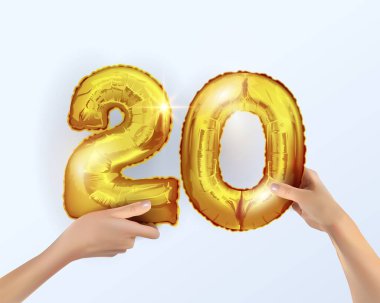 20 numaralı altın metal balon. Altın balonlu parti dekorasyonu. 20 numara senin elinde. Yıldönümü tabelası. Mutlu bayramlar, doğum günü, yeni yıl. Metal balonun tasarımı.
