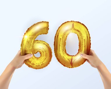 Altmış altmış numaralı altın metal balon. Altın balonlu parti dekorasyonu. 60 numara senin elinde. Yıldönümü tabelası. Mutlu bayramlar, doğum günü, yeni yıl. Metal balonun tasarımı.