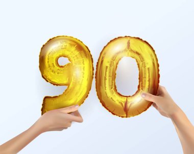 90 numaralı altın metal balon. Altın balonlu parti dekorasyonu. 90 numara senin elinde. Yıldönümü tabelası. Mutlu bayramlar, doğum günü, yeni yıl. Metal balonun tasarımı.