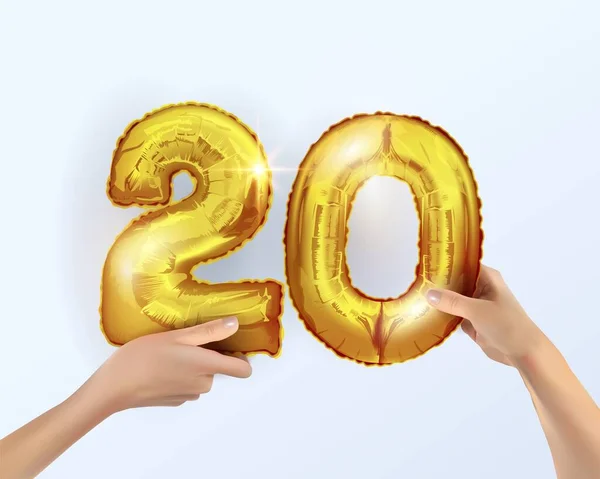 Ballon en métal doré numéro vingt 20. décoration de fête avec des ballons dorés. Le numéro 20 est entre vos mains.Signe d'anniversaire pour des vacances heureuses, anniversaire, Nouvel An. La conception du ballon métallique. — Image vectorielle