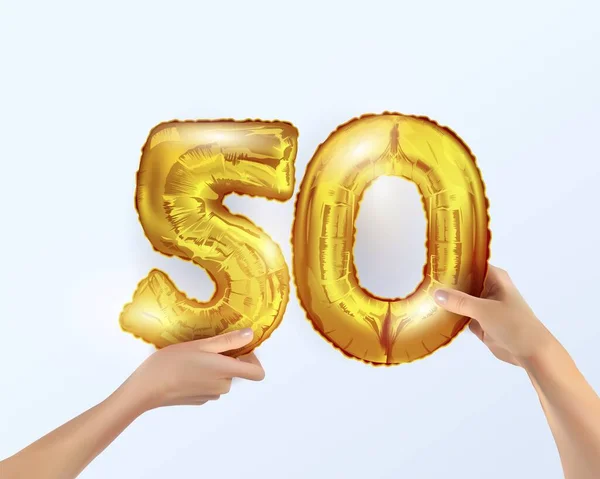 Χρυσό μεταλλικό μπαλόνι νούμερο πενήντα 50. διακόσμηση κόμμα με χρυσά μπαλόνια. Ο αριθμός 50 είναι στο χέρι σας.Επέτειος υπογράψει για μια ευτυχισμένη διακοπές, γενέθλια, το νέο έτος. Ο σχεδιασμός του μεταλλικού μπαλονιού. — Διανυσματικό Αρχείο