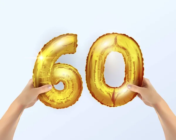 Golden metal ballong nummer sextio 60. part dekoration med gyllene ballonger. Nummer 60 ligger i din hand.Jubileumsskylt för en glad semester, födelsedag, nyår. Metallballongens konstruktion. — Stock vektor