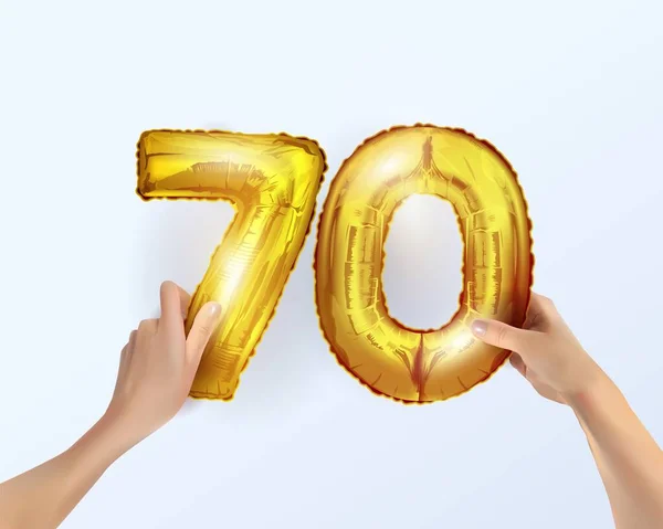 Χρυσό μεταλλικό μπαλόνι νούμερο εβδομήντα 70. διακόσμηση κόμμα με χρυσά μπαλόνια. Ο αριθμός 70 είναι στο χέρι σας.Επέτειος υπογράψει για μια ευτυχισμένη διακοπές, γενέθλια, το νέο έτος. Ο σχεδιασμός του μεταλλικού μπαλονιού. — Διανυσματικό Αρχείο