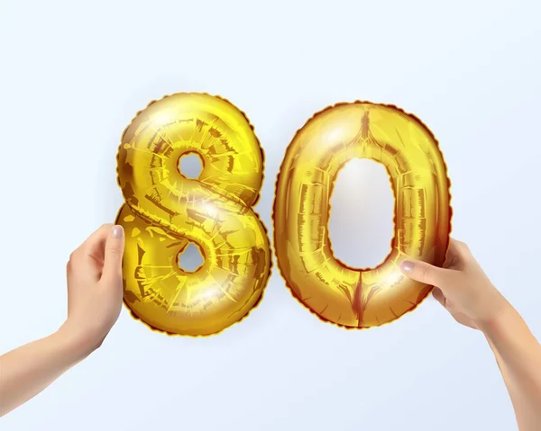 Golden metal ballong nummer åttio 80. part dekoration med gyllene ballonger. Numret 80 ligger i din hand.Jubileumsskylt för en glad semester, födelsedag, nyår. Metallballongens konstruktion. — Stock vektor