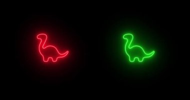Neon dinazorların görüntüleri kırmızı, neon renkli yeşil ve siyah arkaplanlı. Yeşil ve kırmızı dinozorlardan oluşan parlak neon bir siluet. Tasarım şablonu. 4K videosunda UI ögesinin düz animasyonu