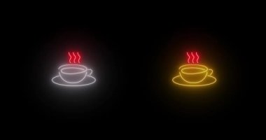 Parlayan neon kahve kupası ikonu çizgisi, sarı ve beyaz. Siyah arka planda izole edilmiş. İki çay fincanı. Sıcak kahve içeceği. 4K video animasyonu yuvarlak.