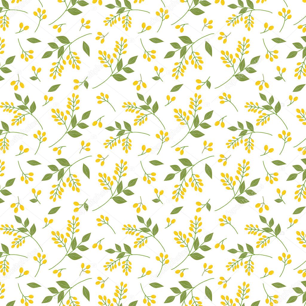 Seamless botanical pattern yellow seaberries green twigs leaves allover print on white background, fabric, tapestry, wallpaper, gift wrap design