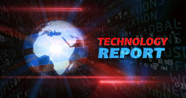 Technology report graphics. Globe and title in television broadcast style.