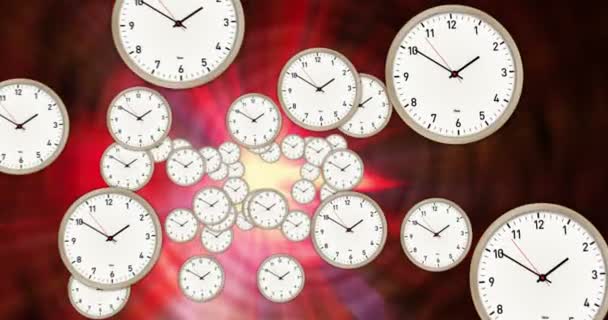 Tempo Passando Conceito Abstrato Voo Entre Relógios Tiquetaque Direção Luz — Vídeo de Stock