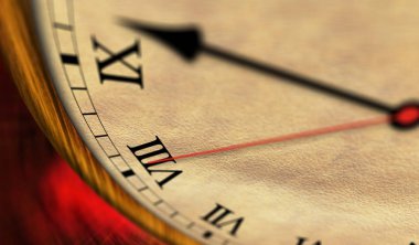 Retro tarzı saat 3d çizim. Eski toprak, ikinci el ve yelkovan Romen rakamları ile.