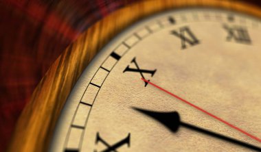 Retro tarzı saat 3d çizim. Eski toprak, ikinci el ve yelkovan Romen rakamları ile.