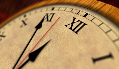 Retro tarzı saat 3d çizim. Eski toprak, ikinci el ve yelkovan Romen rakamları ile.