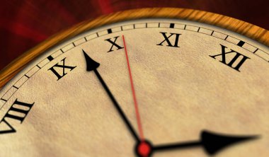 Retro tarzı saat 3d çizim. Eski toprak, ikinci el ve yelkovan Romen rakamları ile.