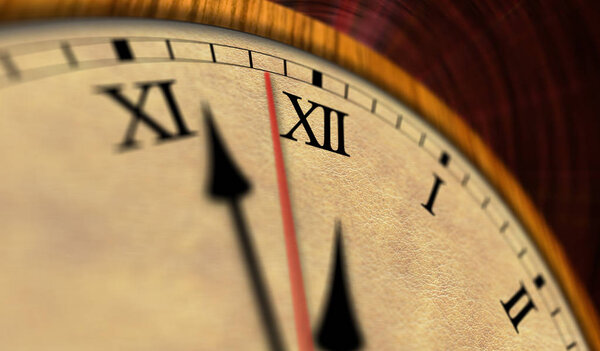 Retro style clock 3D illustration. The old timer, second hand and minute hand with roman numerals.