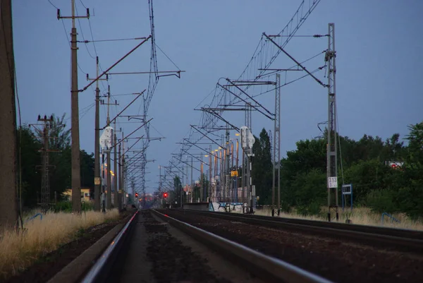 Ferrovie Crepuscolo Treno Alimentazione Elettrica — Foto Stock