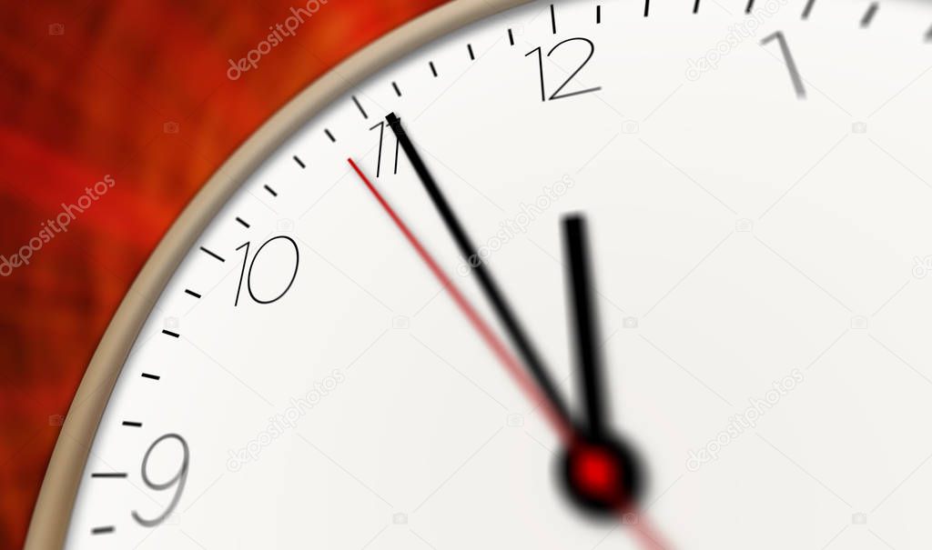 Modern style clock 3D illustration. Timer, second hand and minute hand with big numerals.