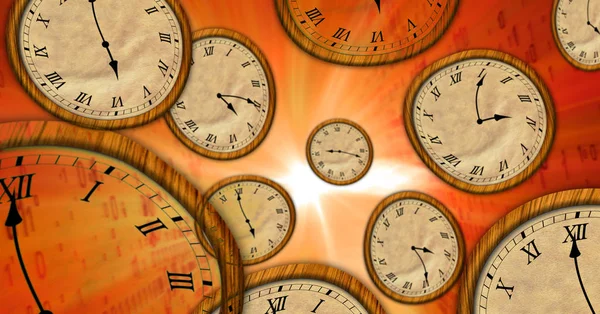 Tiempo Fluye Relojes Voladores Espacio Abstracto Concepto Surrealista Ilustración Del —  Fotos de Stock