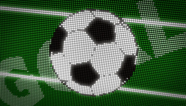 Goal title on big green LED display. Shining message GOAL and ball icon on big screen in 3D illustration.