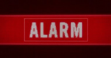 Büyük Led göstermek büyük piksel ile alarm haber. Parlak ışıklı uyarı lambaları stilize ekran kavramı animasyon üzerine metinler.