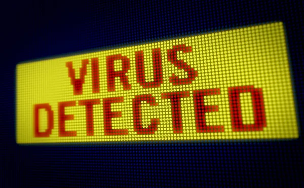 Virus detected on big LED display with large pixels. Bright light computer warning on lamps stylized screen.