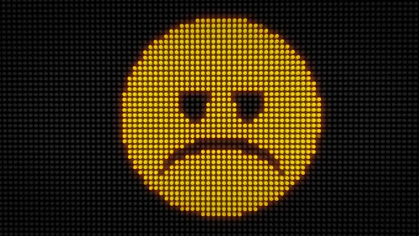 Emoticon sad face on big LED display with large pixels. Bright light sadness expression icon on bulbs stylized display 3D illustration.